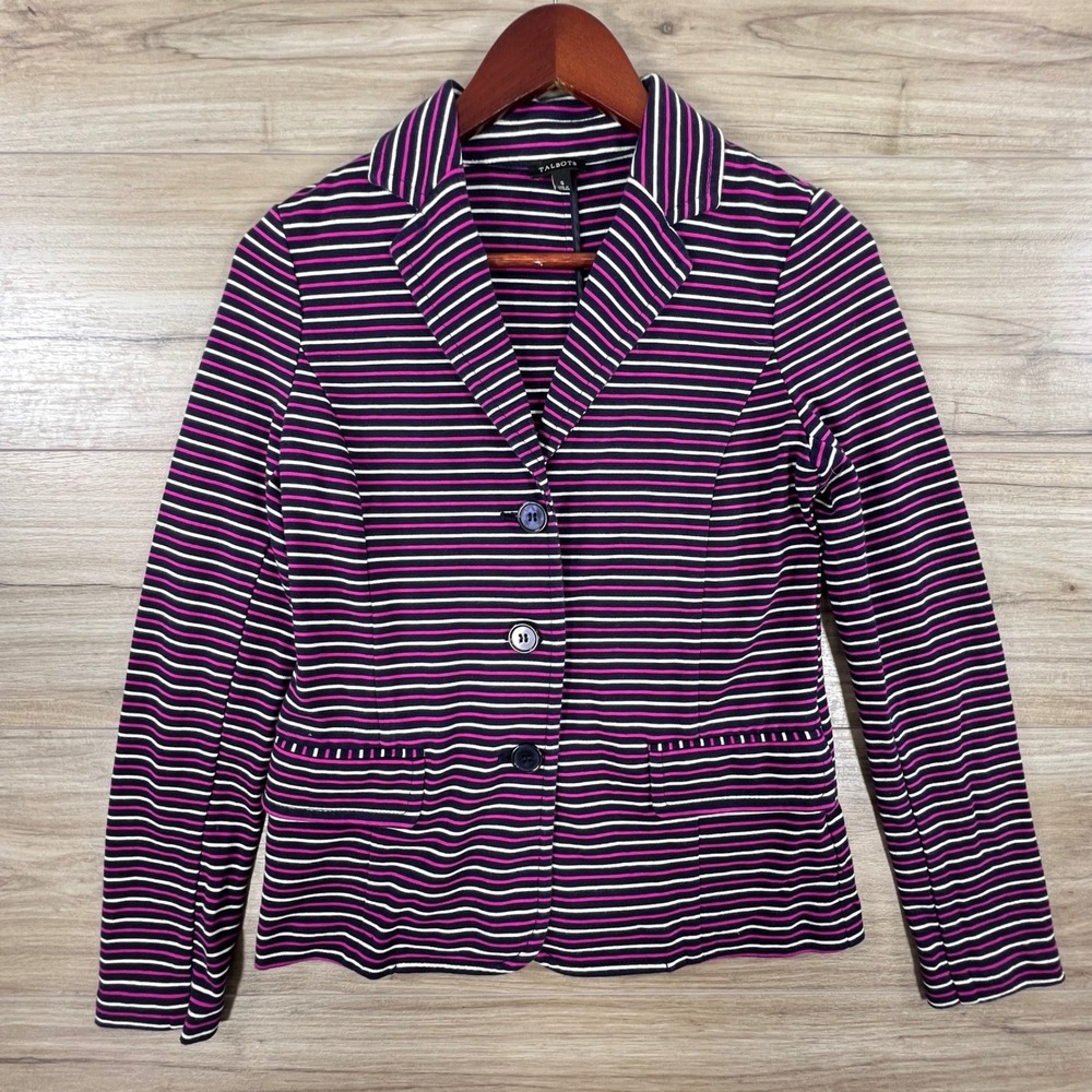 Talbots Womens Knit Blazer Jacket Navy Pink White Striped Button Front Small